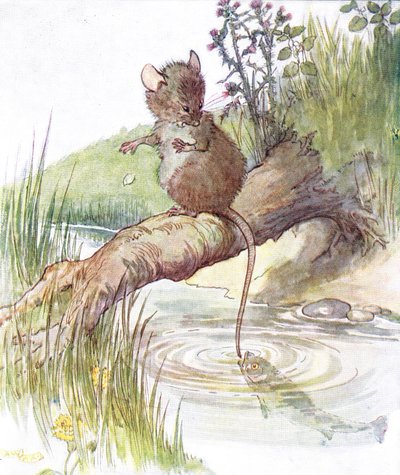 「魚がやって来て、鋭いニップを与えた」イラストは、「The Mischievious Mousie Book」（Thomas Nelson und Sons、1920年代）のイラストです。 作： Anne Anderson